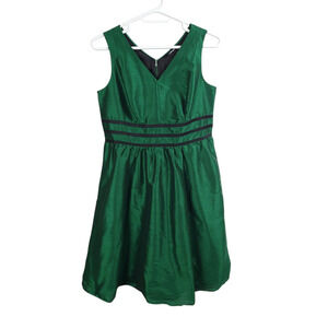 eShakti Dress 1X 16W Green Dupioni Sleeveless V-Neck Fit & Flare Pockets Lined